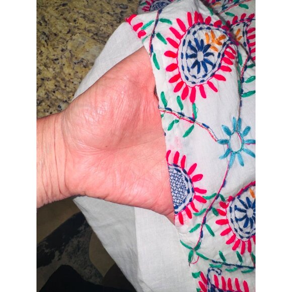 Lula Soul White Multicolor Embroidered Cottton Boho Peasent Dress Sequin Tassel - Picture 9 of 12